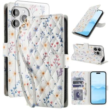 Imagem de Asuwish Capa de telefone para iPhone 16 Pro Max 17.5 cm carteira celular com protetor de tela de vidro temperado porta-cartão de flor suporte para cartão i Phone16 16Pro i16 ProMax 16ProMax A Flower