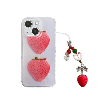 Imagem de Capa de telefone rosa morango para iPhone 14/13 com pingente de telefone, verão kawaii fofa estética fruta transparente glitter TPU exclusivo feminino feminino [tecnologia anti-descascar] [proteção