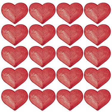 Imagem de WEBEEDY 20 peças bordadas de lantejoulas de coração costuradas em aplique remendo de reparo vermelho para decoração de roupas, adesivos bordados para vestidos de jeans (8,4 x 7 cm/3,3 x 2,8)
