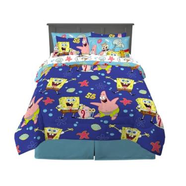Imagem de Jogo de cama infantil Bob Esponja, super macio e aconchegante, de microfibra, reversível, edredom e lençol com capa, tamanho Queen, 7 peças, (produto oficialmente licenciado) por Franco