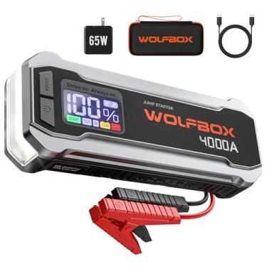 Imagem de WOLFBOX Acionador de partida 4000A, bateria de carro de 12 V com carregador rápido de 65 W, visor de LED, pacote de bateria portátil de 24000 mAh (motor diesel 10L a gás 10L) com booster, luz LED,
