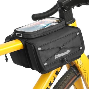 Imagem de Rhinowalk Bolsa tubular para bicicleta com bolsa de telefone para tela sensível ao toque – Bolsa para moldura de bicicleta com suporte de telefone, zíper lateral duplo e fecho magnético (preto)