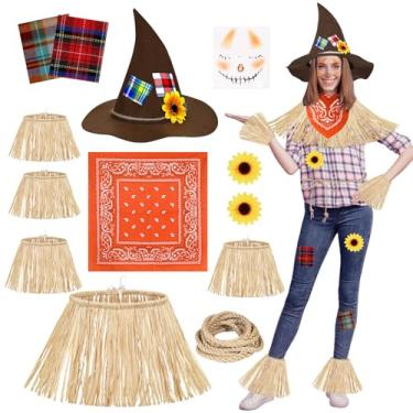 Imagem de Kit de fantasia de espantalho de 12 peças para adultos - Acessórios de ráfia e feltro com chapéu, corda, panos de remendo, decalques de rosto e patchwork de girassol - Melhor escolha para festas de