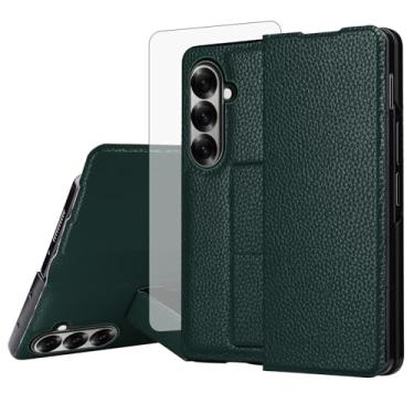 Imagem de Furiet Capa de celular para Samsung Galaxy Z Fold 7 com película protetora de tela de vidro temperado, alça de pulso integrada, antiderrapante, fina, de couro PU, suporte à prova de choque para ZFold