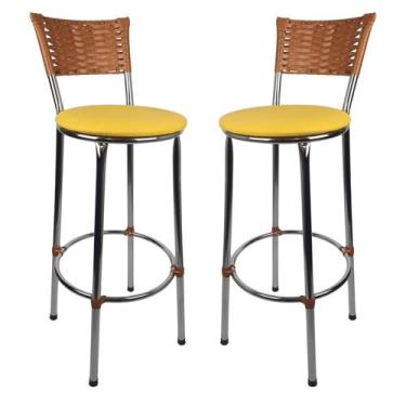 Imagem de KIT 2 Banquetas Alta Cromada Junco IMBUIA Cozinha Balcão Bancada - ESP