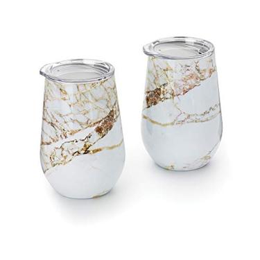 Imagem de Outset Copo de vinho de mármore com tampa, 355 ml, branco, cobre, conjunto de 2