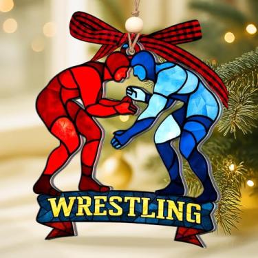 Imagem de Enfeite de luta livre, design impresso de dupla face em acrílico, enfeite de Natal exclusivo de luta livre, ornamentos de luta livre para árvore de Natal, enfeite de Natal de lutador e decoração