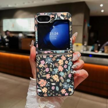 Imagem de Capa dobrável de TPU com textura de couro estampado com flores pequenas para Samsung Galaxy Z Flip6 (preta para Samsung Galaxy Z Flip6/A677)