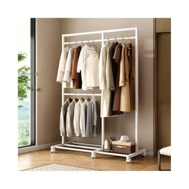 Imagem de Prateleira de casaco para quarto cabide de roupas de chão rack de armazenamento doméstico de ferro de camada dupla cabide de roupas de cabeceira suporte de cabide (branco)