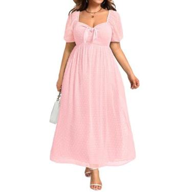 Imagem de Vestido Pinup Fashion Swiss Dot Maxi Rosa Claro Plus Size