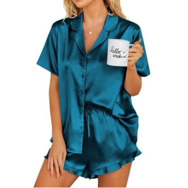 Imagem de Conjunto de pijamas Ekouaer Silk de 2 peças de manga curta com botões