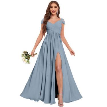 Imagem de Vestido de dama de honra Fu Jiang Off Shoulder, comprido, azul empoeir