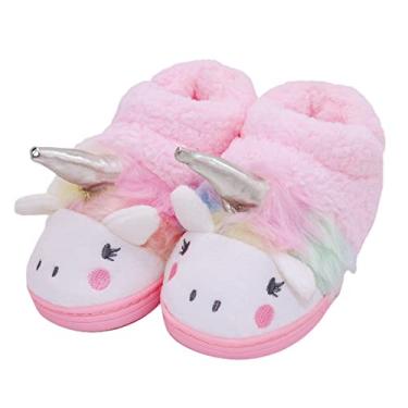 Imagem de Pantufas de unicórnio para meninas fofas para crianças grandes quentes de pelúcia confortável para interior e casa, Unicórnio rosa, 10-11 Little Kid