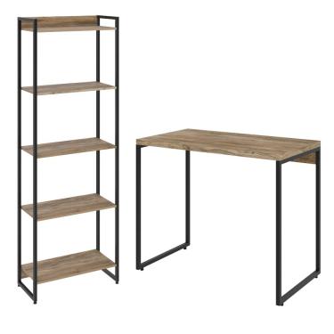 Imagem de Kit Para Escritório Estante Areta 5 Prateleiras Mesa Industrial Aspen 90cm C01 Carvalho - Lyam Decor