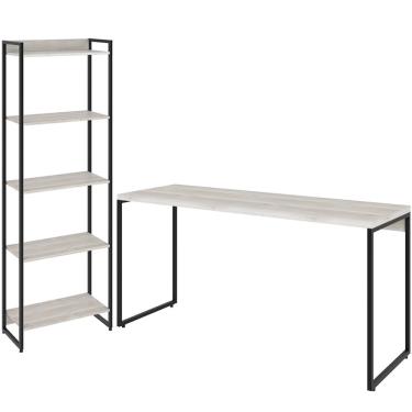 Imagem de Kit Escritório Estante Areta 5 Prateleiras com Mesa Industrial Aspen 135cm C01 Snow - Lyam Decor