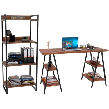 Imagem de Kit Mesa Cavalete 135 cm com Estante 4 Prateleiras Estilo Industrial Form C01 Nogal - Lyam Decor