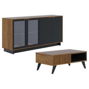 Imagem de Kit Aparador Para Sala De Estar Áustria Com Mesa De Centro Delta C04 Preto Noce Milano - Lyam Decor