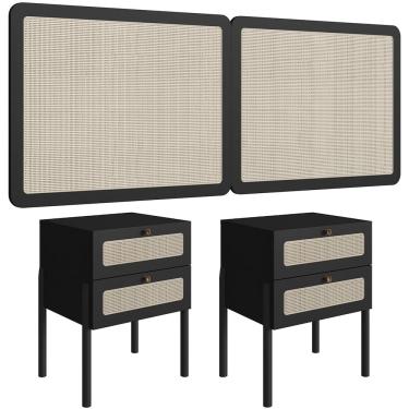 Imagem de Cabeceira Casal Queen 160cm e 2 Mesas Laterais 2 Gavetas Madeira Moss A03 Nero Preto- Lyam Decor