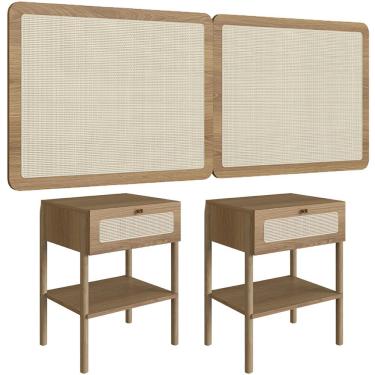 Imagem de Cabeceira Casal Queen 160cm e 2 Mesas Laterais 1 Gaveta Madeira Moss A03 Hanover Roble - Lyam Decor