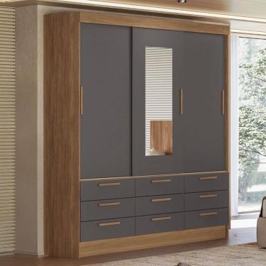 Imagem de Guarda-Roupa Casal Albatroz 3 Portas 9 Gavetas Jatoba/Grafite com Espelho - Pnr Móveis