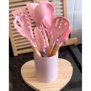 Imagem de Kit C/12 Peças Utensílios De Cozinha Colheres Espatula Silicone Cabo Madeira Decoração Livre BPA(rosa)