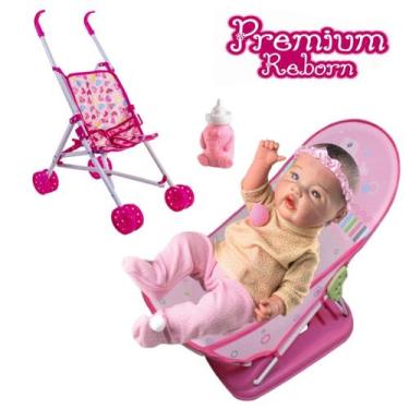 Imagem de Kit Boneca Bebê Reborn Menina + Banheirinha e Carrinho - Milk Brinqued