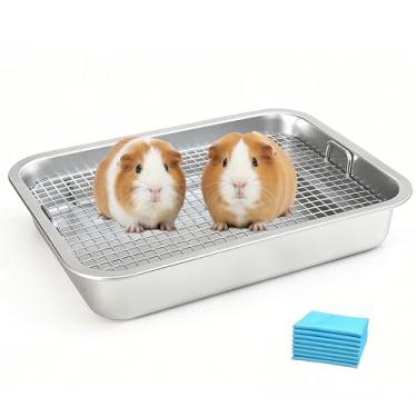 Imagem de Caixa de areia de porquinho-da-índia de aço inoxidável com grade elevada, caixa de areia de animais pequenos para rato, chinchila, furão, panela de treinamento de vaso sanitário para gaiola (grande)