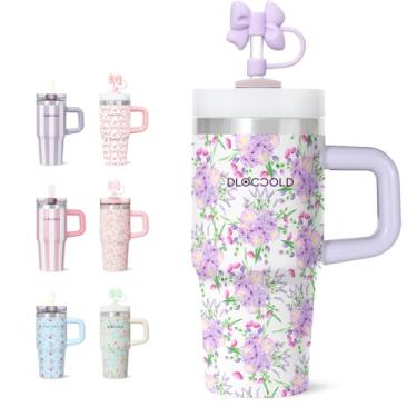 Imagem de DLOCCOLD Copo de aço inoxidável de 473 ml com tampa e canudo, copo de viagem isolado a vácuo de parede dupla com tampa de palha, caneca de café de viagem reutilizável, compatível com porta-copos