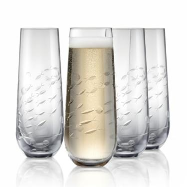 Imagem de SHOSHIN Conjunto de taças de champanhe sem haste de 113 – 270 ml de taças de cristal sem chumbo com padrão de peixe elegante, perfeito para festas e casamentos, pode ser lavado na lava-louças