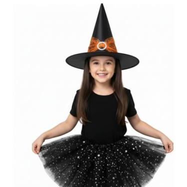 Imagem de Fantasia Infantil Halloween Saia com Gliter+ Chapeu de bruxa (Laranja, Infantil)
