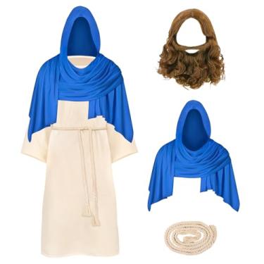 Imagem de Mukum Fantasia de Jesus para crianças - Conjunto de roupas religiosas de Cristo com xale, peruca, roupão e cordão de cinto para meninos e meninas - Ideal para eventos religiosos, azul, 7-8 anos