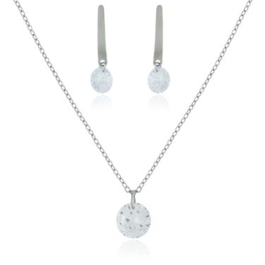 Imagem de Conjunto Feminino Brinco e Colar Ponto de Luz Cristal Semijoia Antialérgica Aço Inoxidável