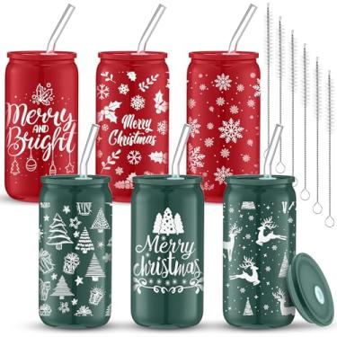 Imagem de Jingmore Pacote com 12 copos de vidro de Natal de 473 ml com tampas e canudos, vermelho e verde, flocos de neve, estrela de alce, árvore de Natal, copos de vidro para beber café gelado, bebidas