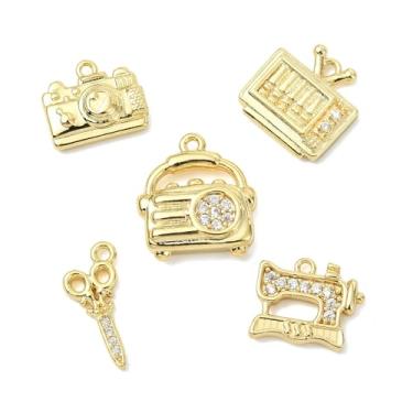 Imagem de Stiesy Amuletos de pedra CZ transparente de latão micropavimentado, 10 peças de pingentes banhados a ouro, produto retrô para televisão, câmera, rádio, máquina de costura, tesouras, formas, pingentes