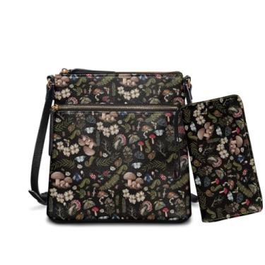 Imagem de Drydeepin Conjunto de bolsa transversal feminina com carteira Hobo de couro com vários bolsos, bolsa tiracolo de ombro, 0 Cottagecore cogumelo caracol mariposa samambaia, Medium
