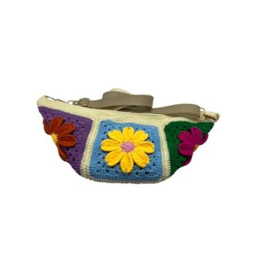 Imagem de Bolsa transversal de flores de crochê feita à mão – Pochete quadrada colorida | Bolsa de ombro de malha boho com alça ajustável, bolsa de crochê floral para mulheres