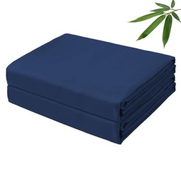 Imagem de Lençol plano de viscose de bambu, 400 fios, tecido de cetim Cal King, apenas 2 peças, resfriamento macio de luxo para pessoas com sono quente, respirável e sedoso (azul marinho, Cal King, 2 peças)