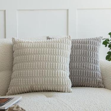 Imagem de Panleding Pacote com 2 capas de almofada decorativas, fronhas listradas boho de veludo cotelê, decoração de casa moderna simples para sofá, sala de estar, sofá-cama, 45 x 45 cm, branco creme e cinza