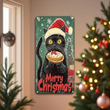 Imagem de 1 placa de metal vintage de gato preto Feliz Natal - 14 x 30 cm, arte de parede de alumínio retrô para decoração de casa, quarto, cozinha, bar clube, preto