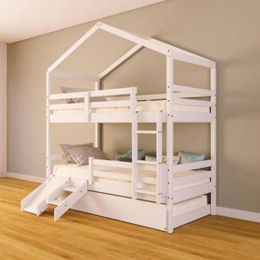 Imagem de Treliche Solteiro Casinha e Kit Escada/Escorregador Grade Proteção Madeira Maciça Branco Megamobilia