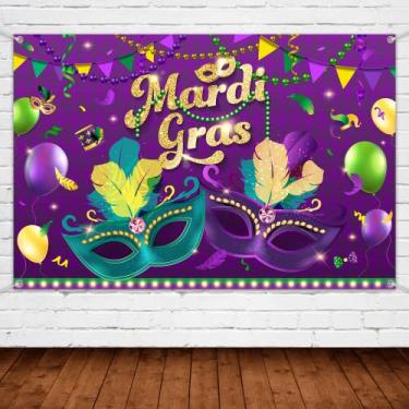 Imagem de Mardi Gras Pano de fundo decorações Mardi Gras baile de máscaras, faixa de festa dançante, adereço para cabine de fotos de casamento, aniversário, despedida de solteira, roxo, verde, dourado, decoração (cenário)