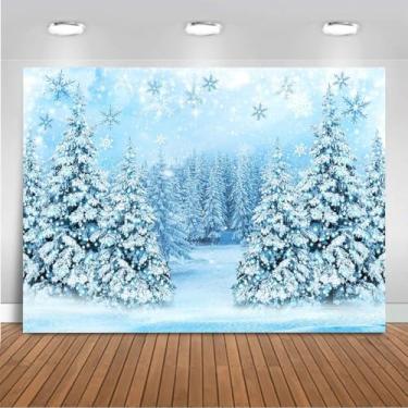 Imagem de Mocsicka Pano de fundo de cenário de inverno pinheiro nevado com auréola de pinheiro fundo fotográfico azul país das maravilhas floco de neve floresta festa feriado adereços para sessão de fotos (azul
