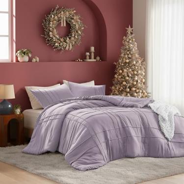 Imagem de Conjunto de edredom queen com pregas de beliscar – jogo de cama de 3 peças com padrão quadriculado – microfibra pré-lavada, leve e fofo, tamanho Queen, lavanda para todas as estações – Inclui 2