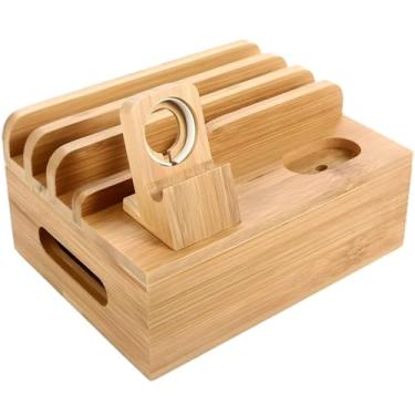 Imagem de Base de carregamento de bambu para 8 dispositivos, organizador de cabos e cabos com suporte de relógio removível, design de armazenamento eficiente
