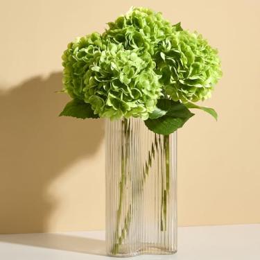 Imagem de Flores artificiais de hortênsia verde de toque real (pacote com 4) - Flores de hortênsia falsas de 50 cm com haste longa e folhas Hortênsias falsas realistas para decoração de casa, arranjos florais