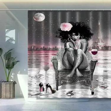 Imagem de Cortina de chuveiro para meninas negras afro-americanas, sexy, minimalista, estética negra, menina afro, preto e branco, decoração moderna para banheiro, presentes motivacionais para mulheres 182 x