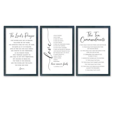 Imagem de SRSZHIYUE Conjunto emoldurado de versículo bíblico com 3 placas de arte de parede 28 x 40 cm citações A oração cristã do Senhor e o amor é paciente e dez mandamentos decoração das escrituras católicas