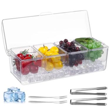 Imagem de LUMINFLY Recipiente transparente para condimentos com bandejas de gelo e tampa, servidor refrigerado, enfeite de barra com 4 compartimentos removíveis, caixa de armazenamento de salada para buffets