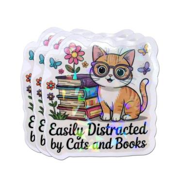 Imagem de (3 peças) Facilmente distraído por gatos e livros, adesivo holográfico para amantes de livros de leitura para livros Kindle Laptop Tumbler garrafa de água caderno 3 polegadas