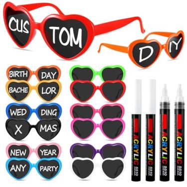 Imagem de Flutesan 12 peças de óculos de sol personalizados em forma de coração a granel com 4 canetas para lembrancinhas de festa de casamento DIY adulto (multicolorido)